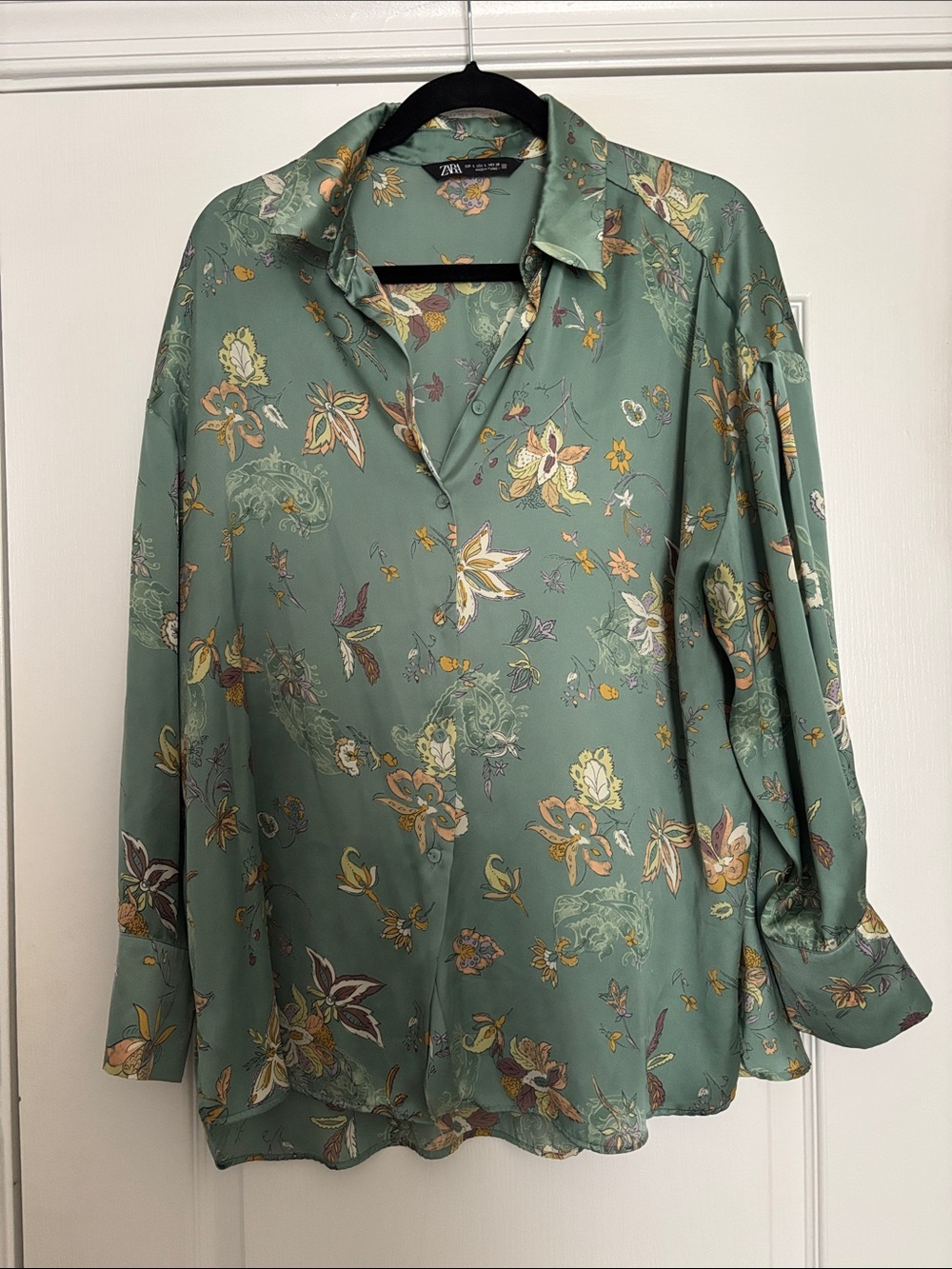 Zara Sage Green Floral Button-Down Shirt